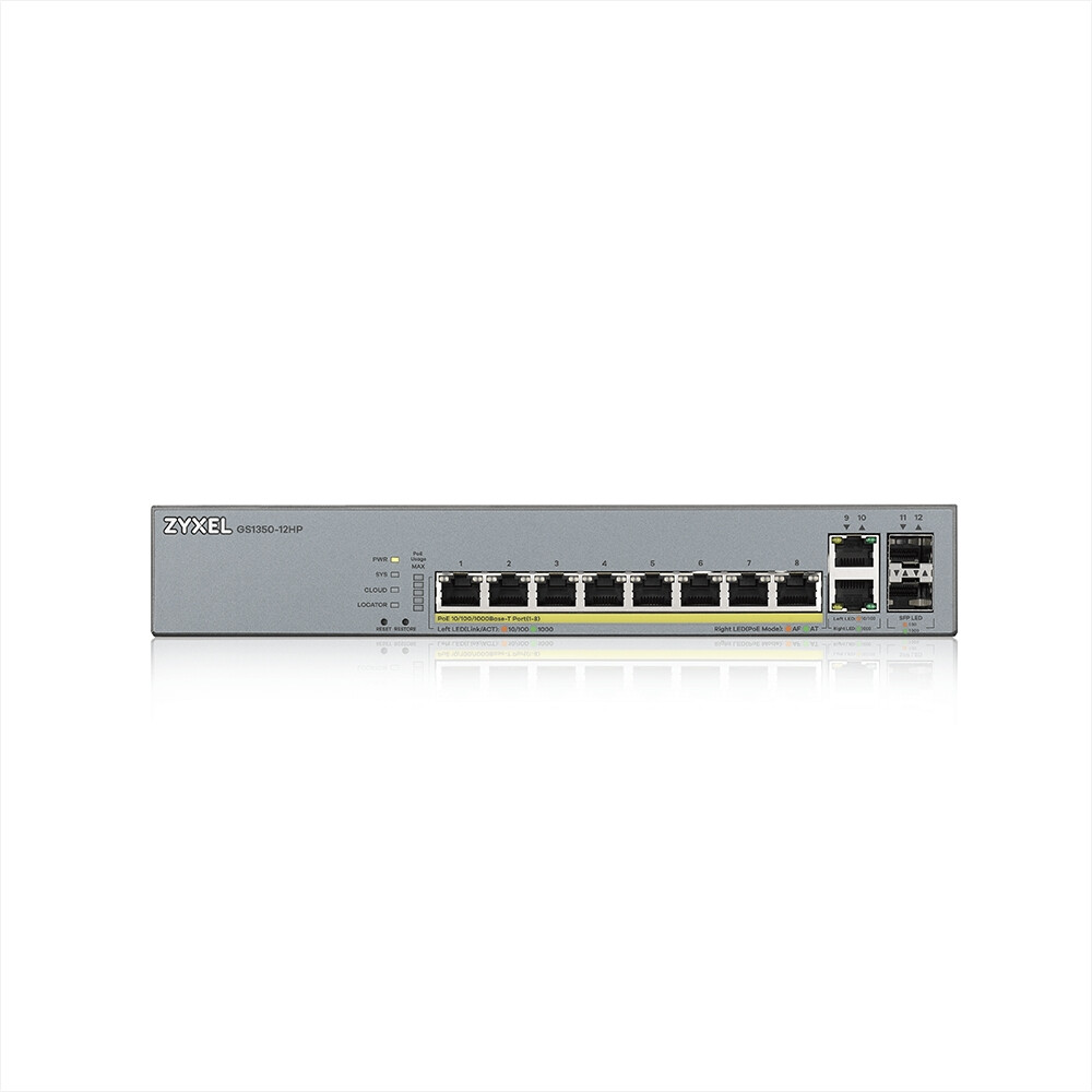 Комутатор - ZyXEL GS1350-12HP, 12 Port managed CCTV PoE switch, long range, 130W