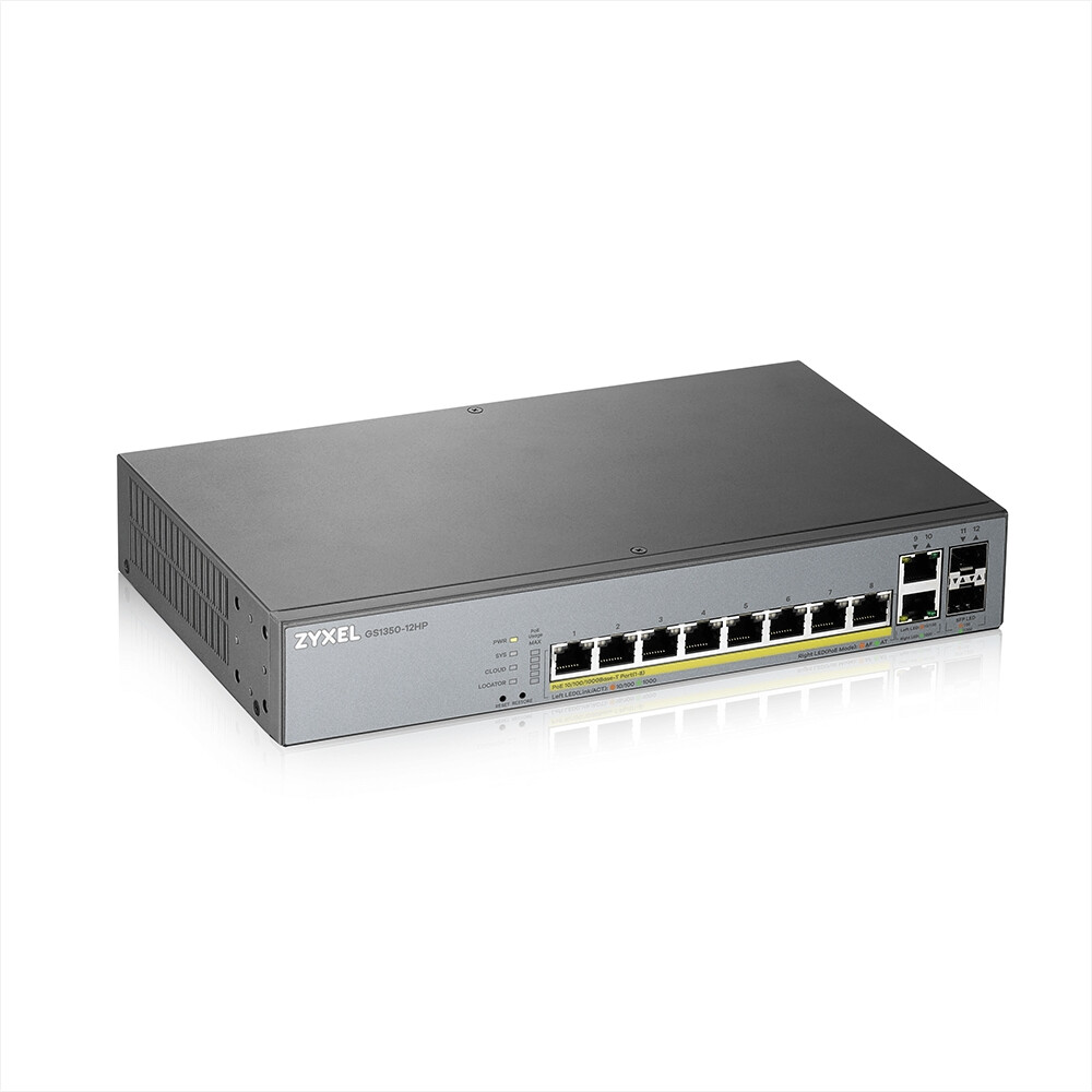 Комутатор - ZyXEL GS1350-12HP, 12 Port managed CCTV PoE switch, long range, 130W